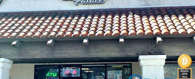 Smoke Palace storefront featuring a Bitcoin ATM for easy crypto transactions. The shop offers tobacco products, hookah supplies, and an in-store ATM service. Bitcoin ATM Services branding visible on the image.