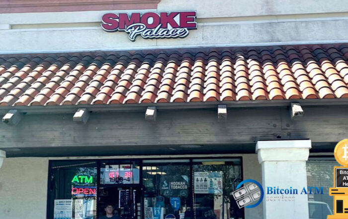 Smoke Palace storefront featuring a Bitcoin ATM for easy crypto transactions. The shop offers tobacco products, hookah supplies, and an in-store ATM service. Bitcoin ATM Services branding visible on the image.